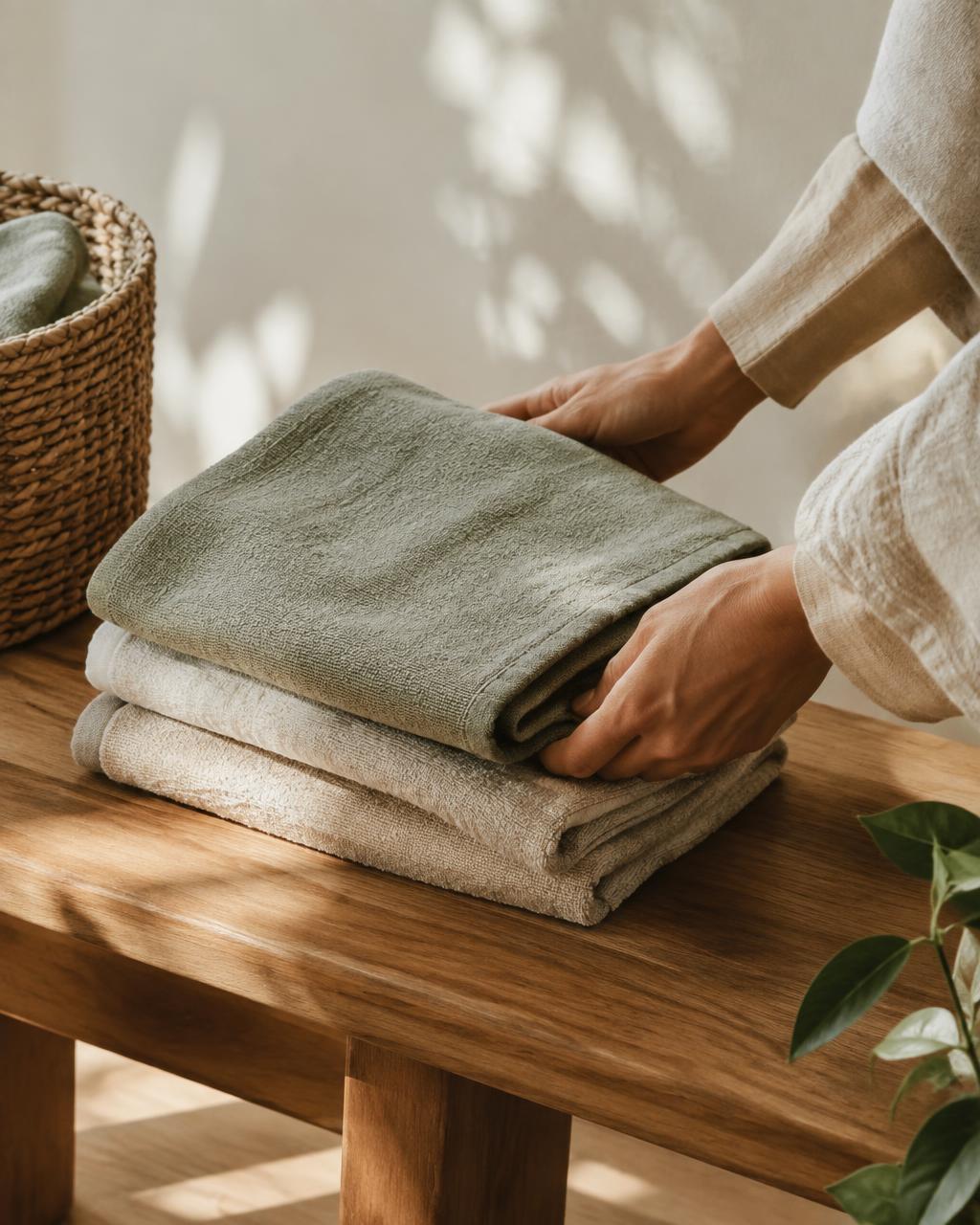 Hands folding soft linen towels on a wooden bench