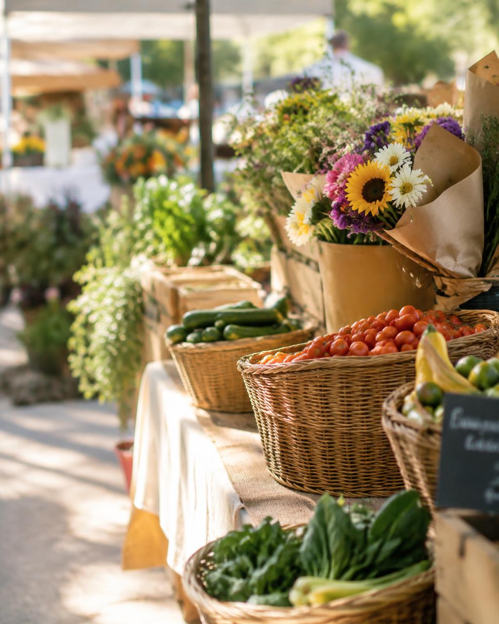 A local market stall with baskets of fresh produce and flowers