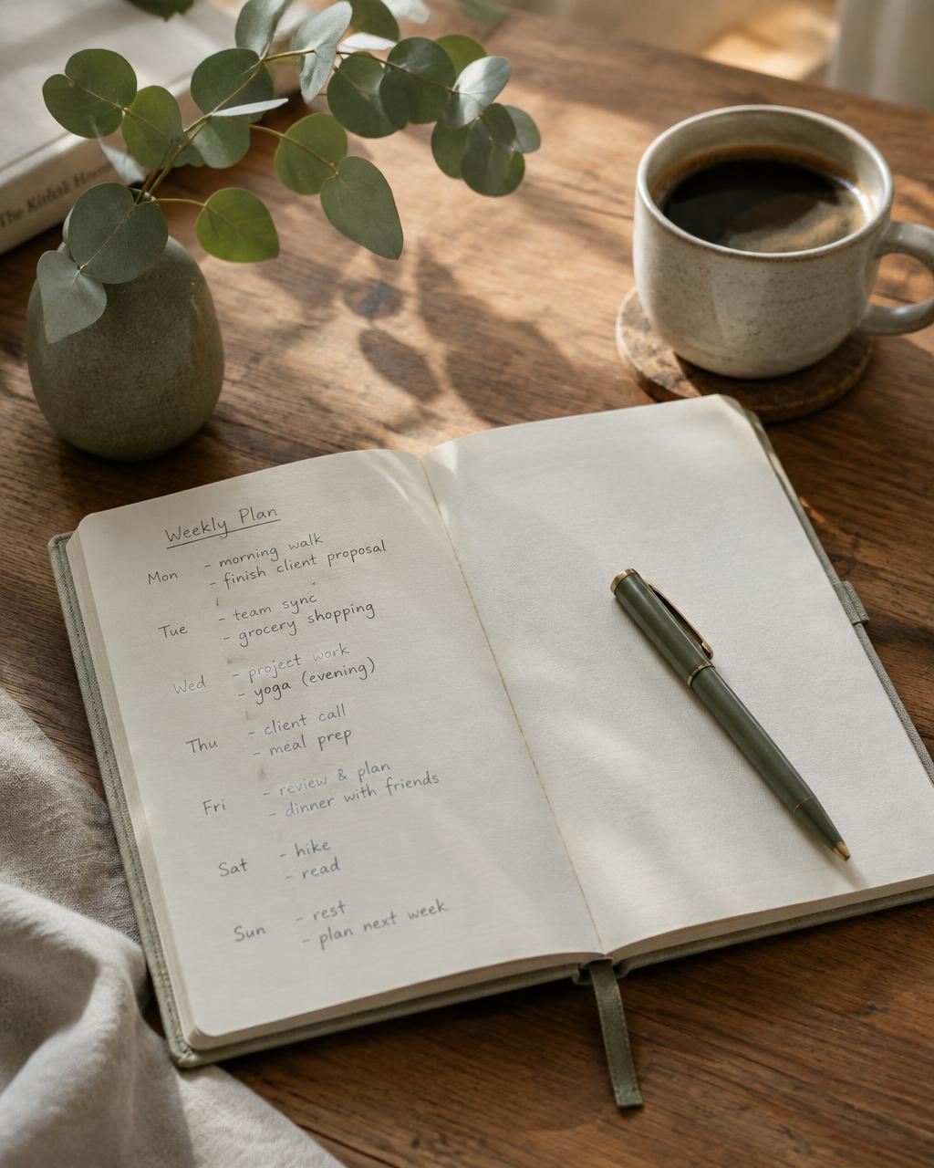 An open notebook with a weekly plan beside a coffee cup