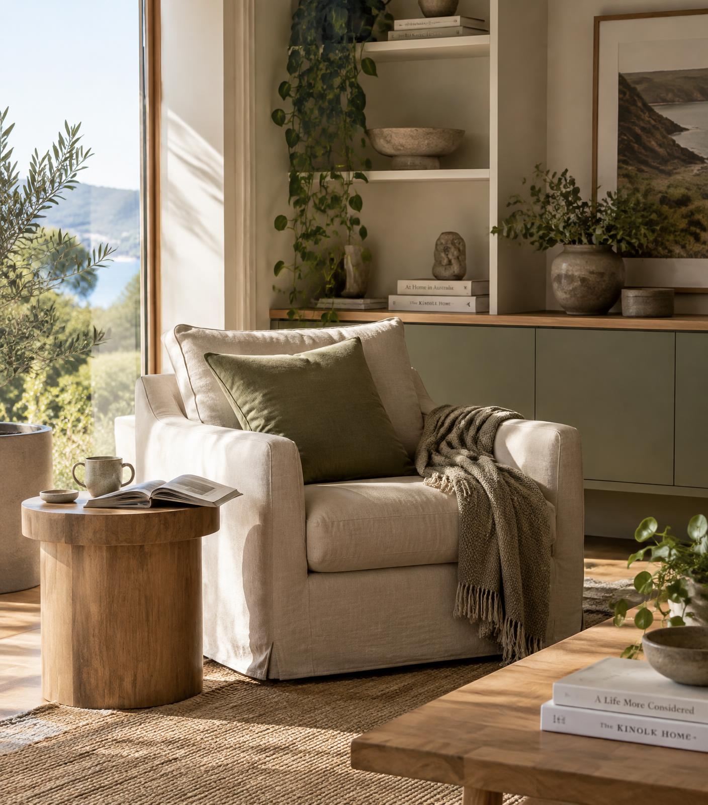A calm, sunlit living space with a linen armchair and plants
