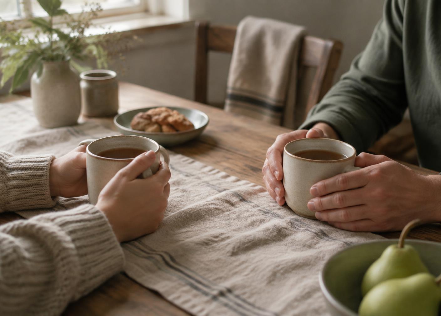 Hands around warm mugs of tea on a linen-covered table